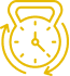 Icône or jaune représentant un kettlebell superposé à une horloge analogique avec des flèches circulaires suggérant l'entraînement chronométré ou la répétition.